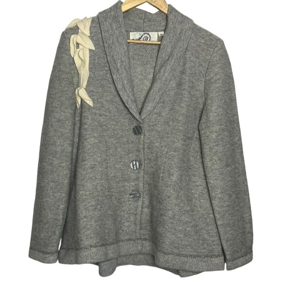 Rosie Neira L Tree Applique 100% Wool Cardigan Sweater Gray Lagenlook Art To Wea - Picture 3 of 8